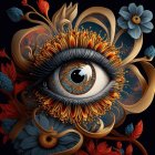 Eye surrounded by ornate floral baroque elements in vibrant colors on dark background