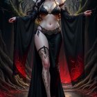 Ethereal figure in dark flowing garments amid mystical backdrop