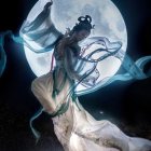 Traditional Asian Attire Woman Sitting Under Large Moon Amidst Blossoming Branches