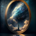 Person in Blue Dress Standing Before Ornate Circular Mirror Reflecting Starry Night Sky