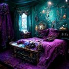 Luxurious bedroom with deep purple bedding, ambient lighting, teal drapery, and intricate wall decor