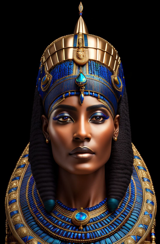 Egyptian Pharaoh Portrait with Ornate Headdress and Jewelry