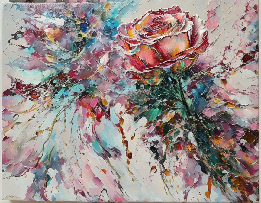 Colorful Abstract Painting with Prominent Rose and Dynamic Brushstrokes
