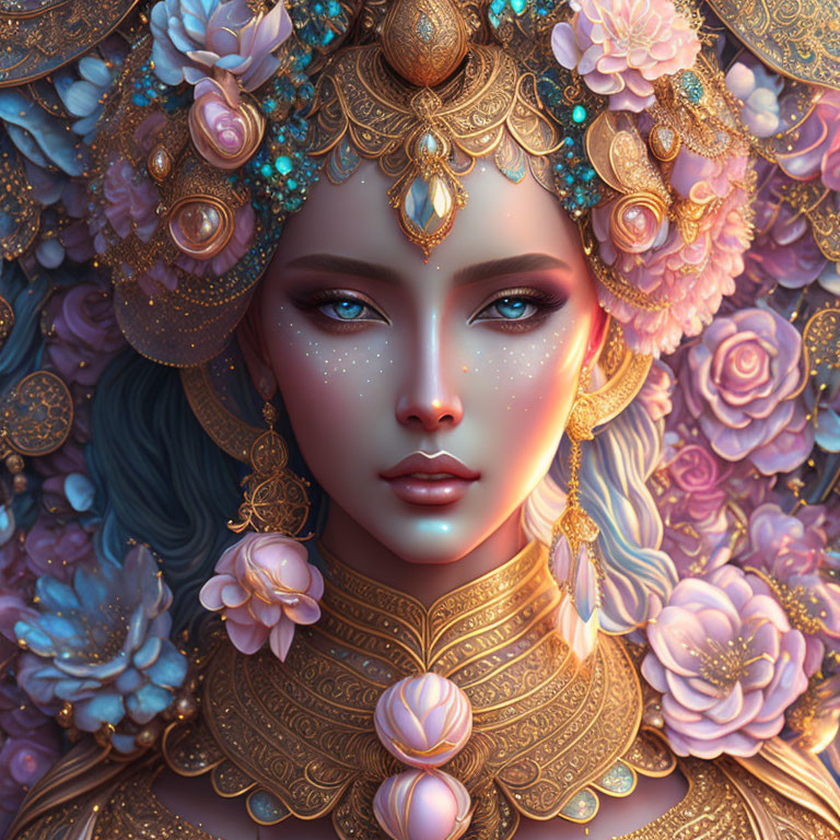 Blue-skinned woman in gold headpiece and roses outfit illustration