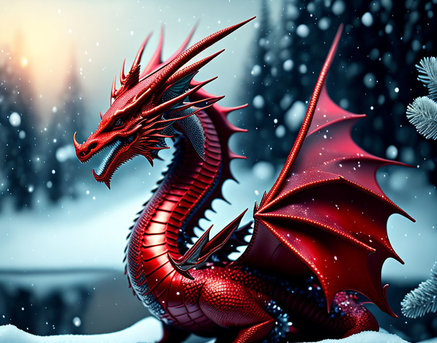 Red dragon with large wings in snowy landscape
