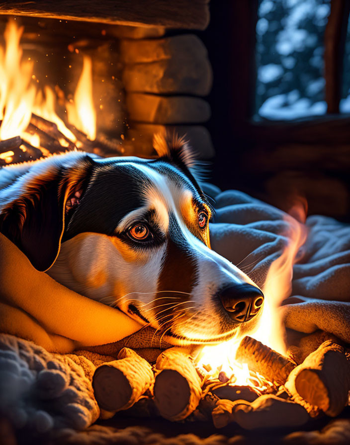 Dog relaxing under blanket near fireplace