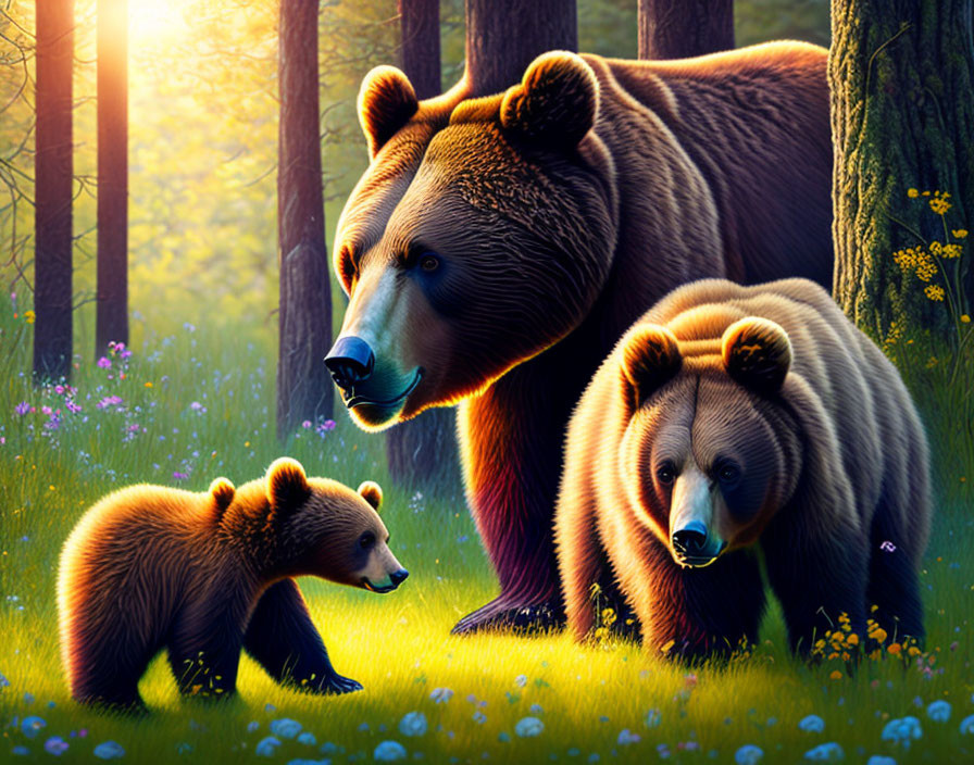 Family of Three Bears in Sunny Forest Clearing with Green Trees and Yellow Flowers