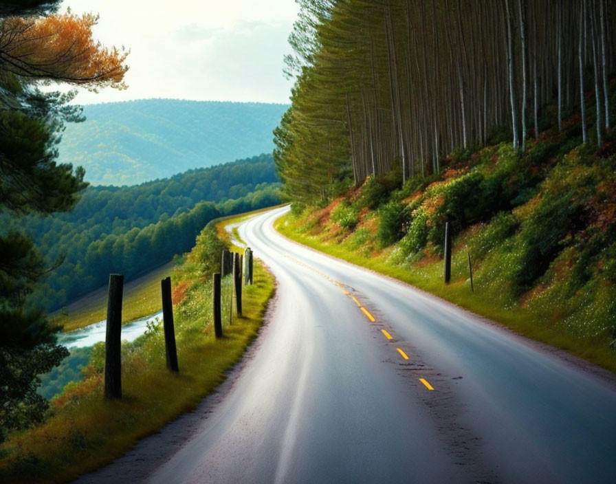 Scenic landscape: winding road, lush green trees, hilly backdrop