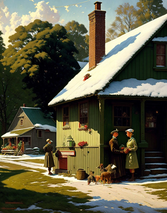 Winter postman delivering mail to cozy snow-topped wooden house with dogs