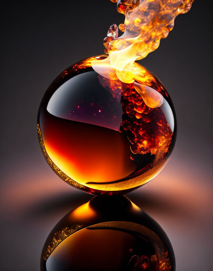 Glass Sphere with Fiery Element Reflecting on Glossy Surface Against Dark Background