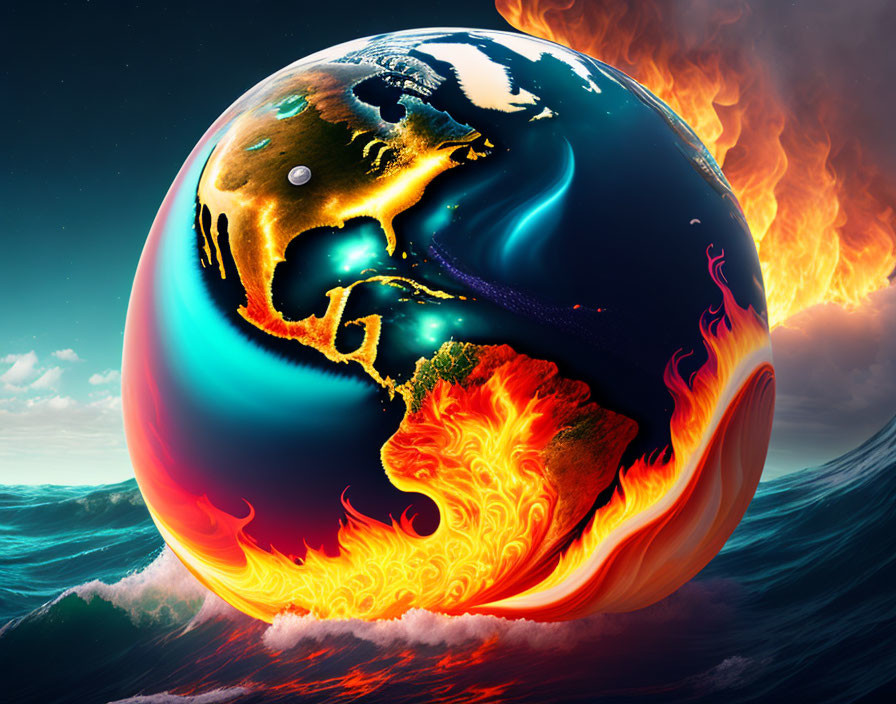 Surreal Earth artwork: lush half vs. flaming half, dramatic ocean backdrop