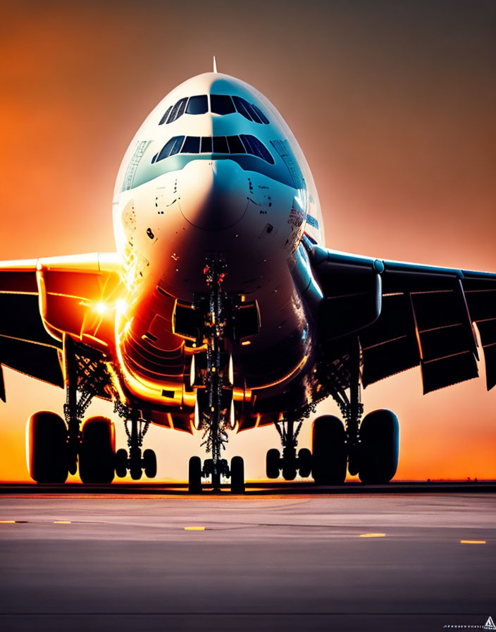 Commercial Airplane Landing on Runway at Sunset with Silhouette and Undercarriage Highlighted