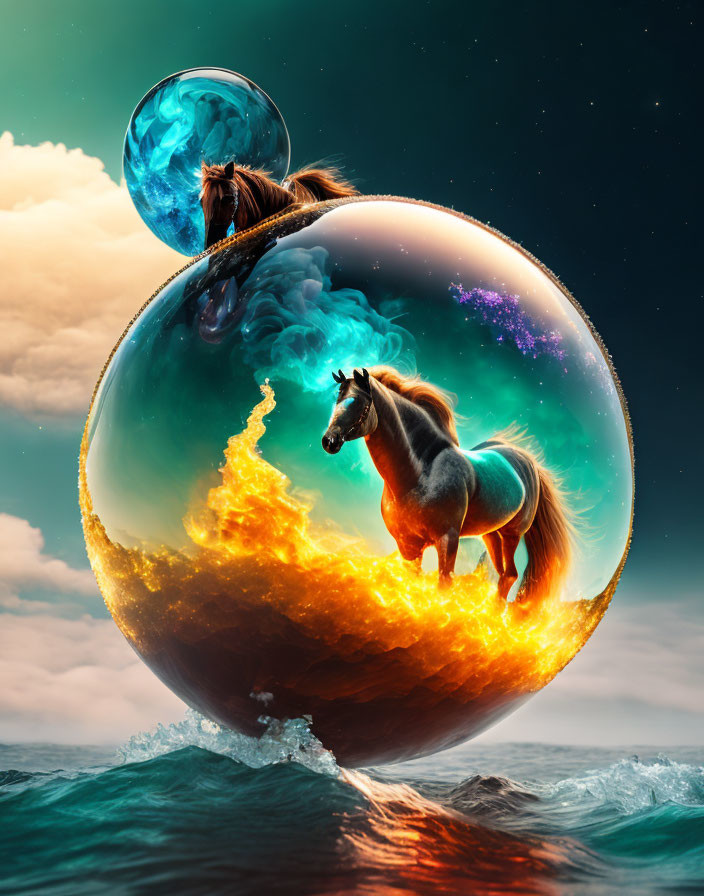 Surreal image of horses on fiery water orb with cosmic background