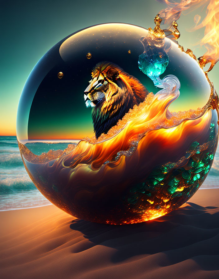 Surreal crystal ball with lion mane and water elements on beach at sunset