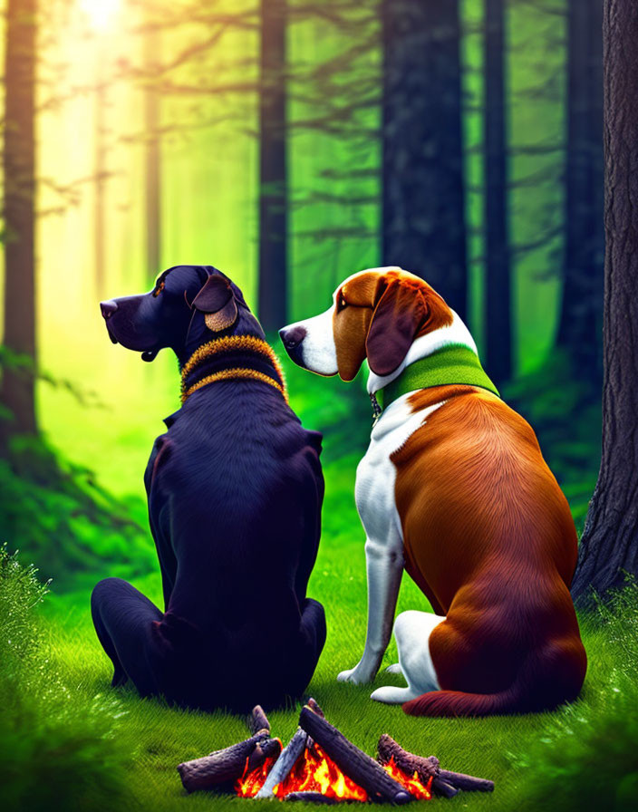 Forest scene: Two dogs by campfire with sunlight filtering through trees