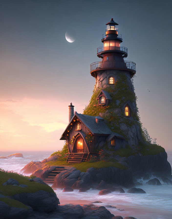 Lighthouse on hill with crescent moon, rocks, and serene sea at dusk