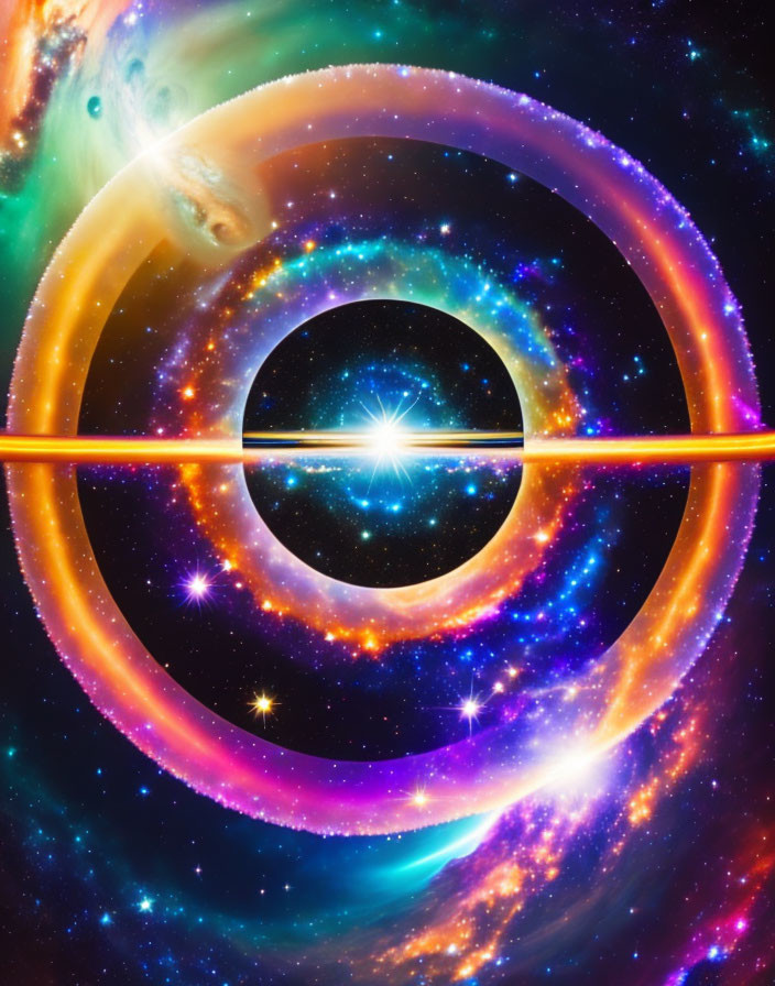 Colorful space scene with black hole, rings, star & galaxies