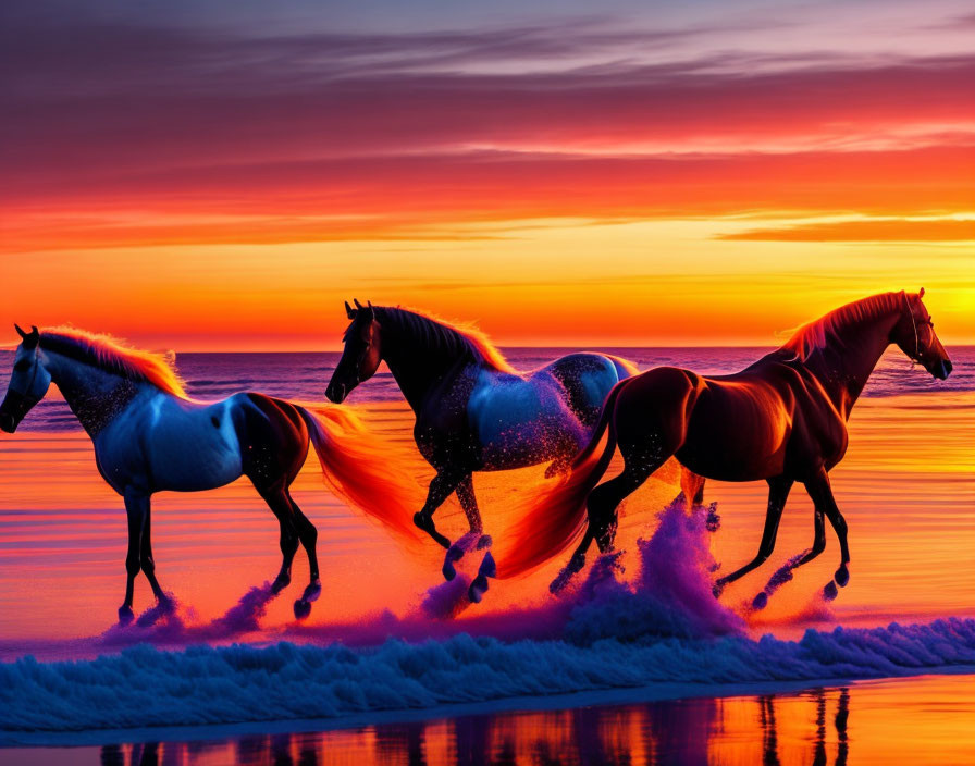 Three horses running on beach at vibrant sunset.