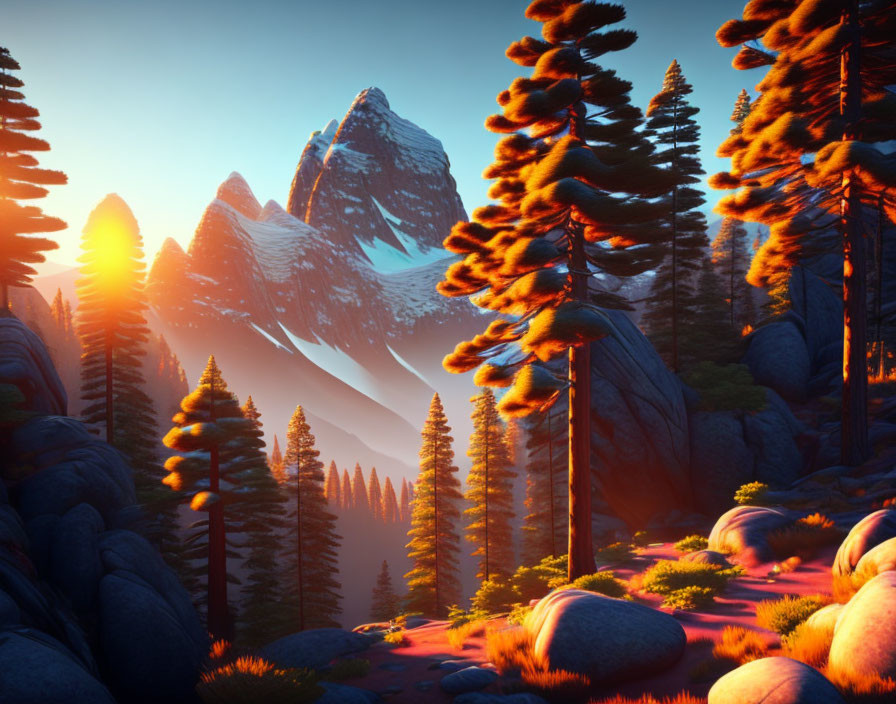 Tranquil forest sunrise with misty mountains & golden light
