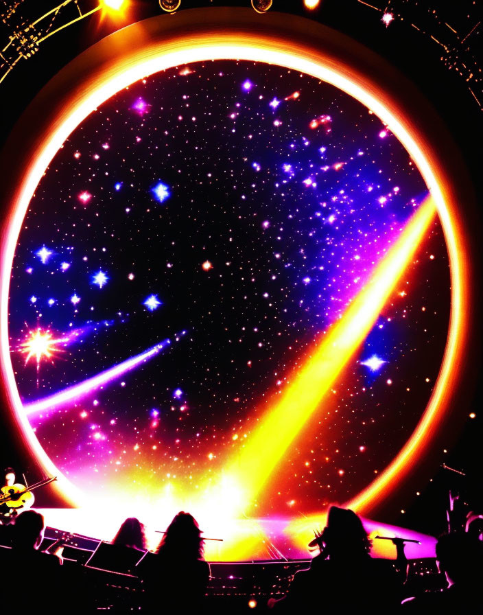 Colorful cosmic stage with musicians silhouettes against starry backdrop