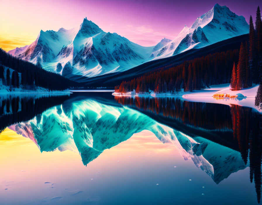 Snowy Mountains Reflect in Calm Lake at Sunset