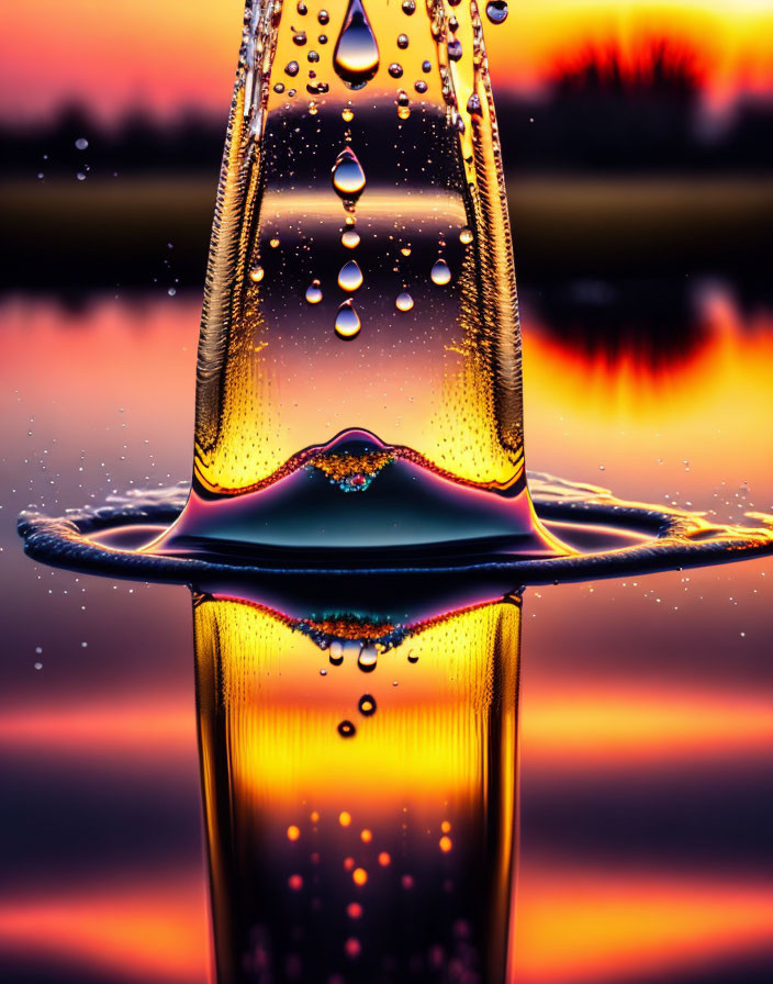 Close-up of water droplets suspended above liquid surface with vibrant sunset background