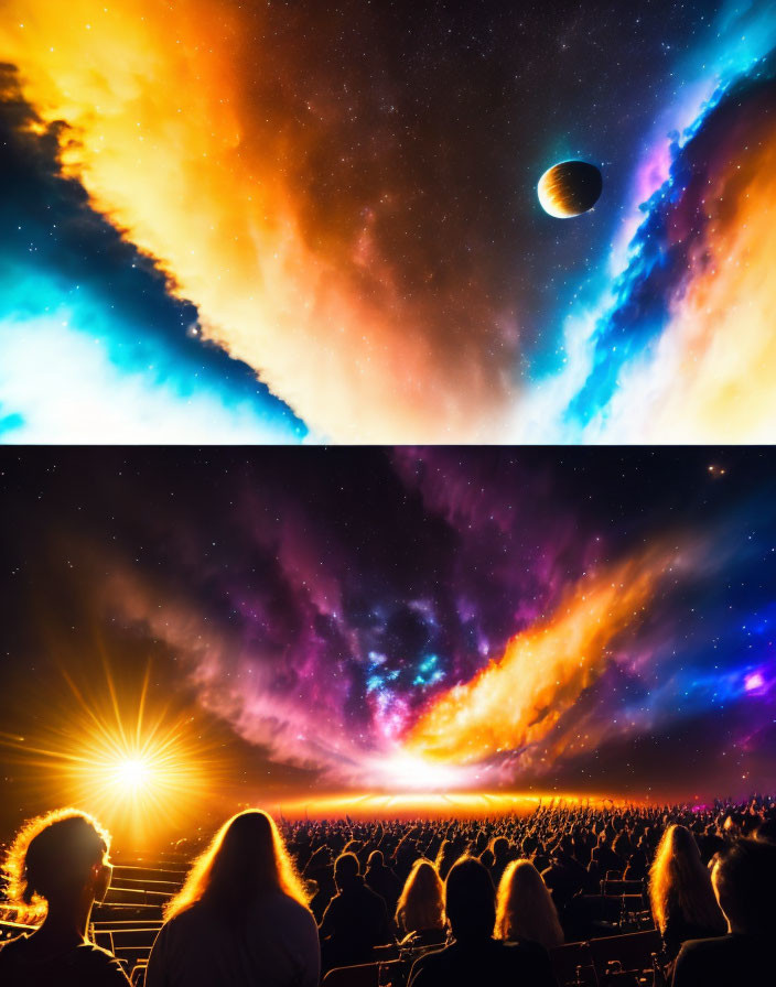 Vibrant cosmos with nebula, planet, audience silhouettes, and bright star horizon