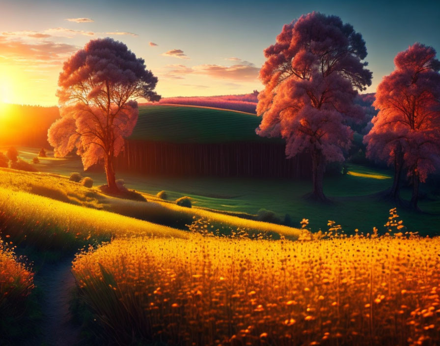 Vibrant trees and yellow flowers in sunset landscape