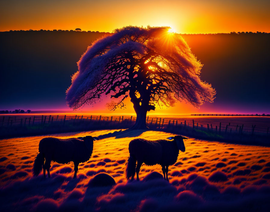 Vibrant orange sunset behind solitary tree and grazing sheep.