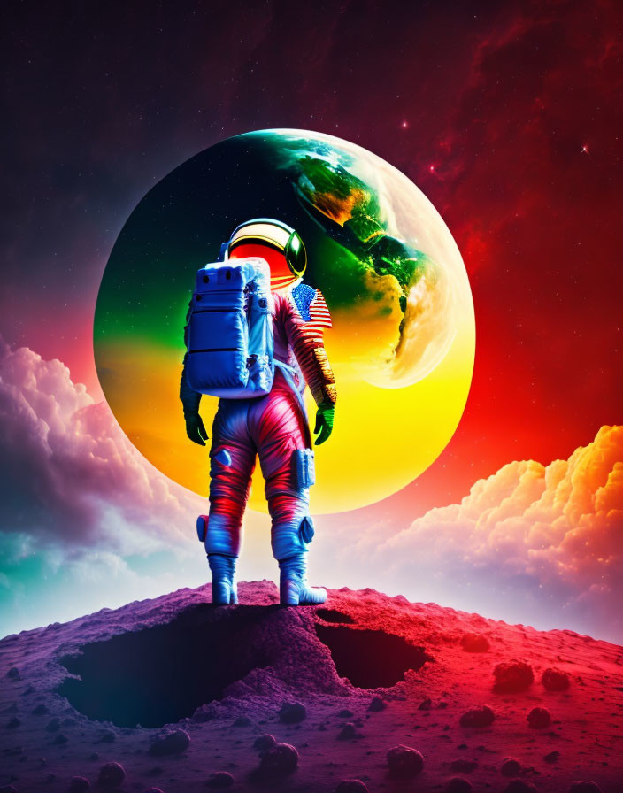 Astronaut on rocky surface with vibrant Earth and cosmic backdrop