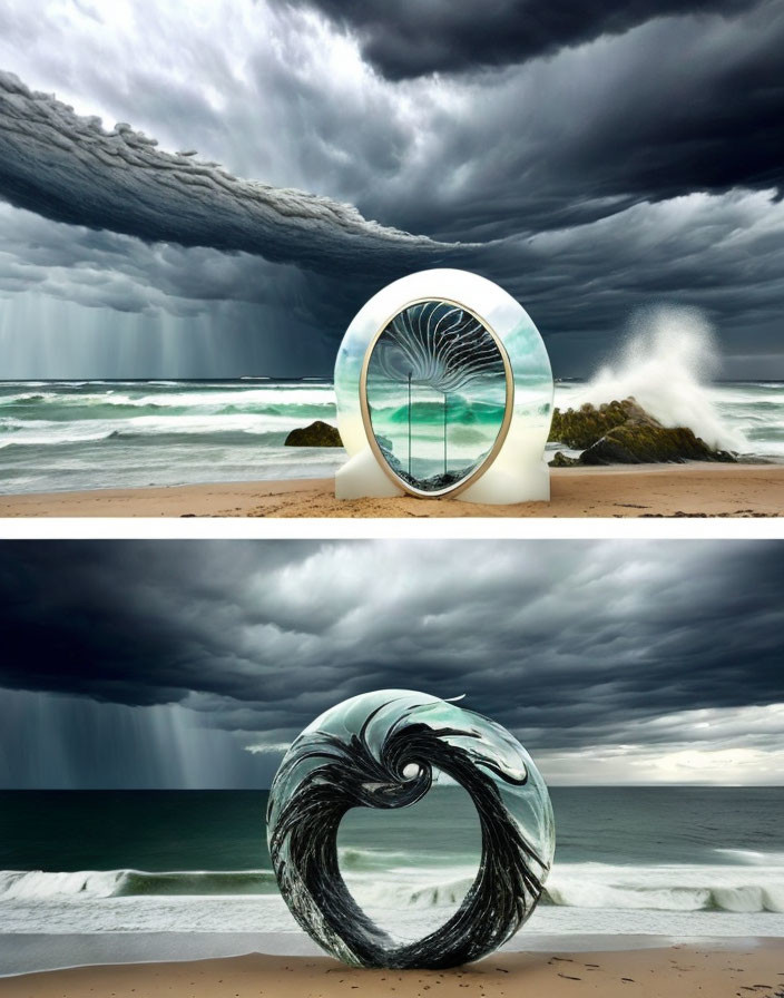 Surreal diptych: beach with dramatic sky and hypnotic wave patterns