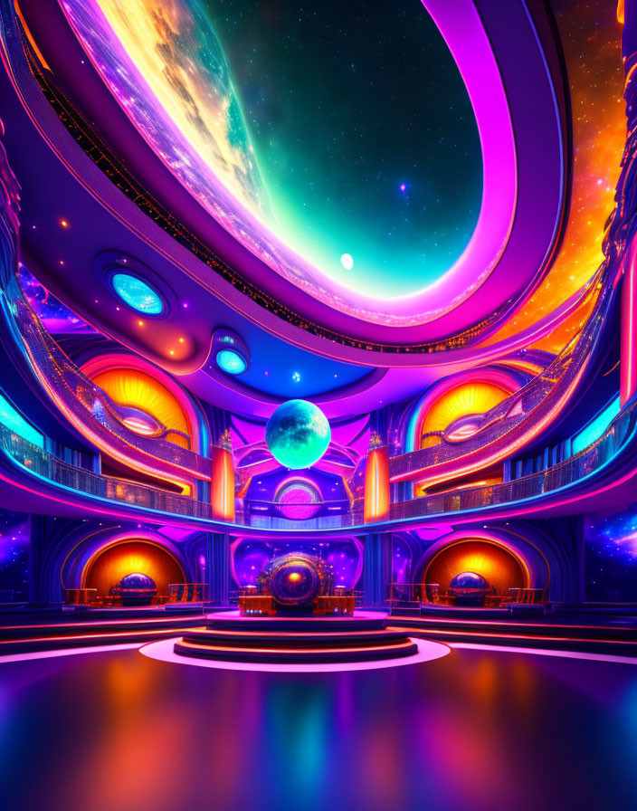 Futuristic interior with circular designs and space view