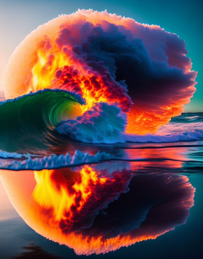 Digitally manipulated image of fiery orange and teal wave reflection