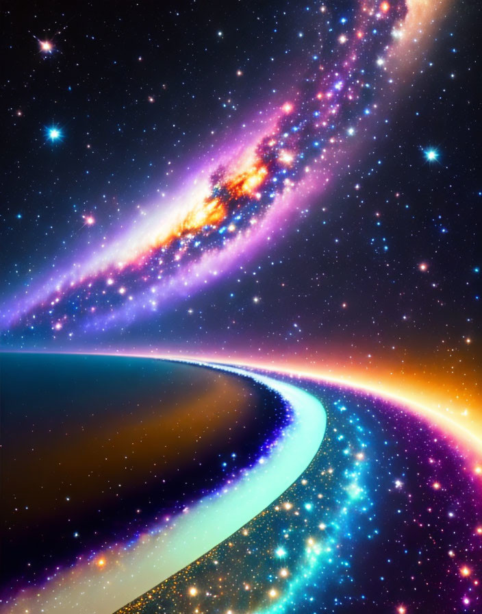 Colorful Cosmic Scene with Galaxy Edge Above Planet Horizon