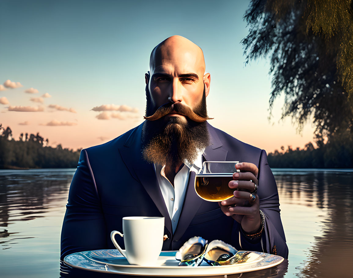 Bald Man in Suit with Beard Holding Whiskey Glass by River at Sunset