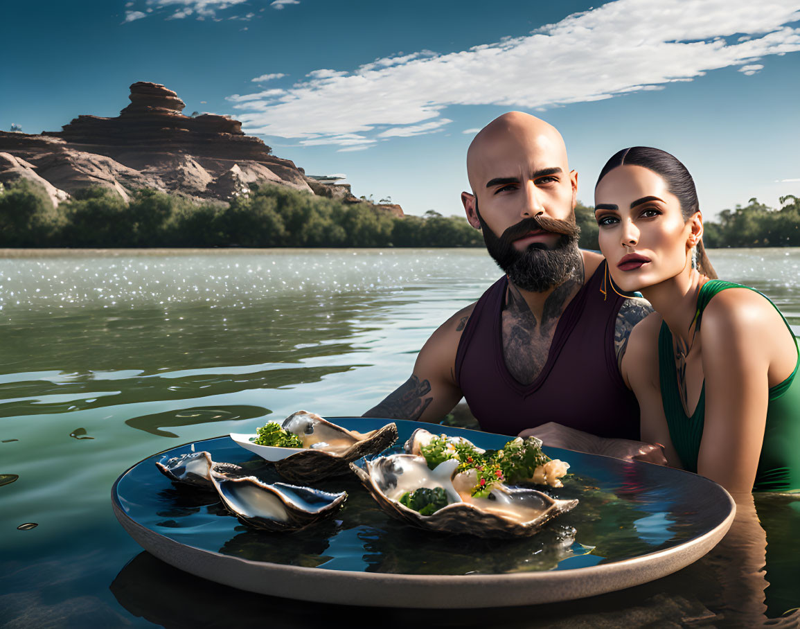 Bearded bald man and woman in swimwear with oysters by lake