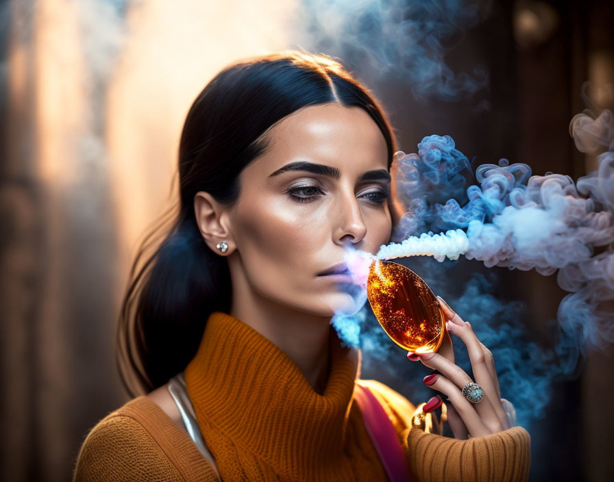Woman in orange turtleneck blowing smoke with drink, dramatic lighting and bokeh.