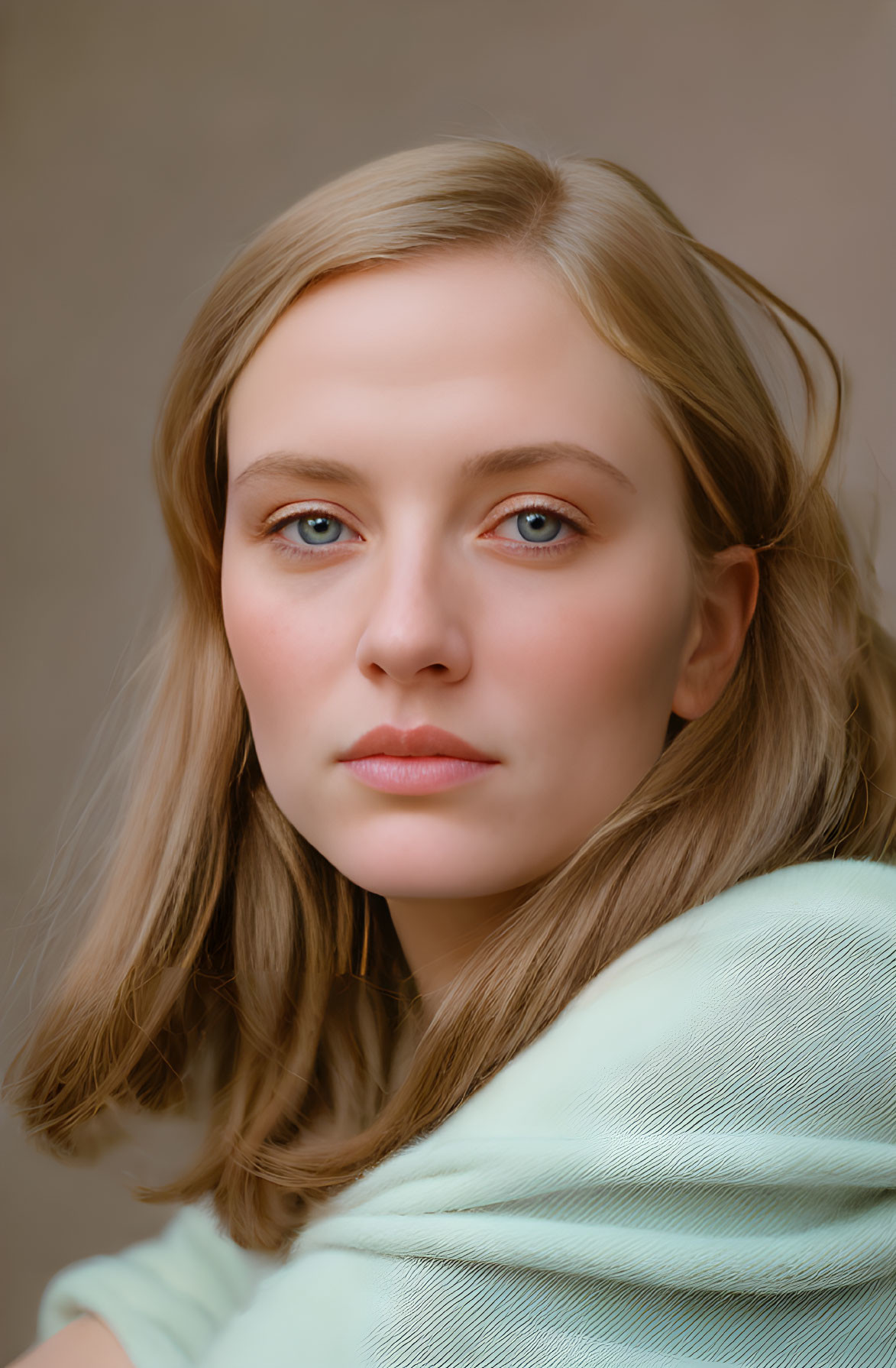 Blonde Woman Portrait with Blue Eyes and Serene Expression