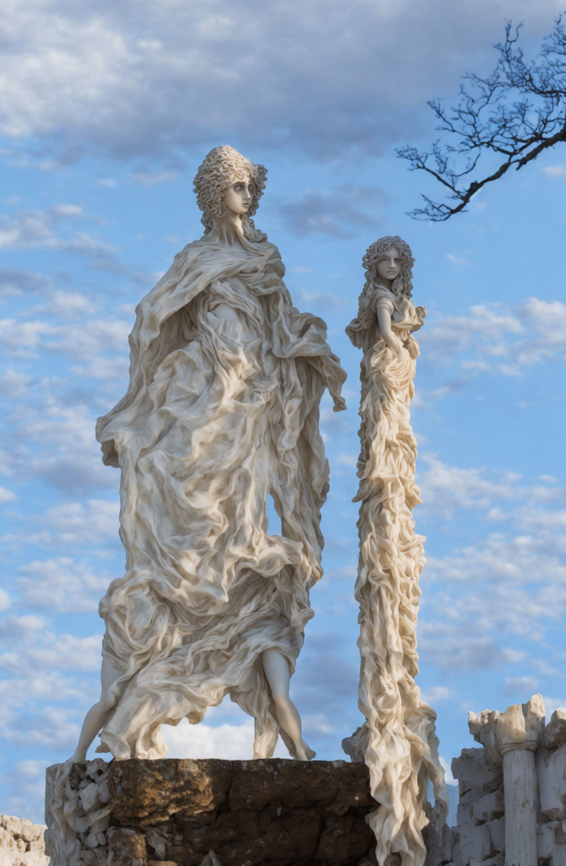 Two white sculptures of female figures in flowing robes under a blue sky with wispy clouds and a leaf