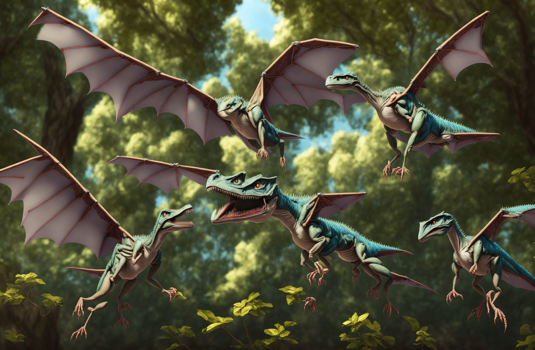Prehistoric forest scene: Pterosaurs flying among lush foliage