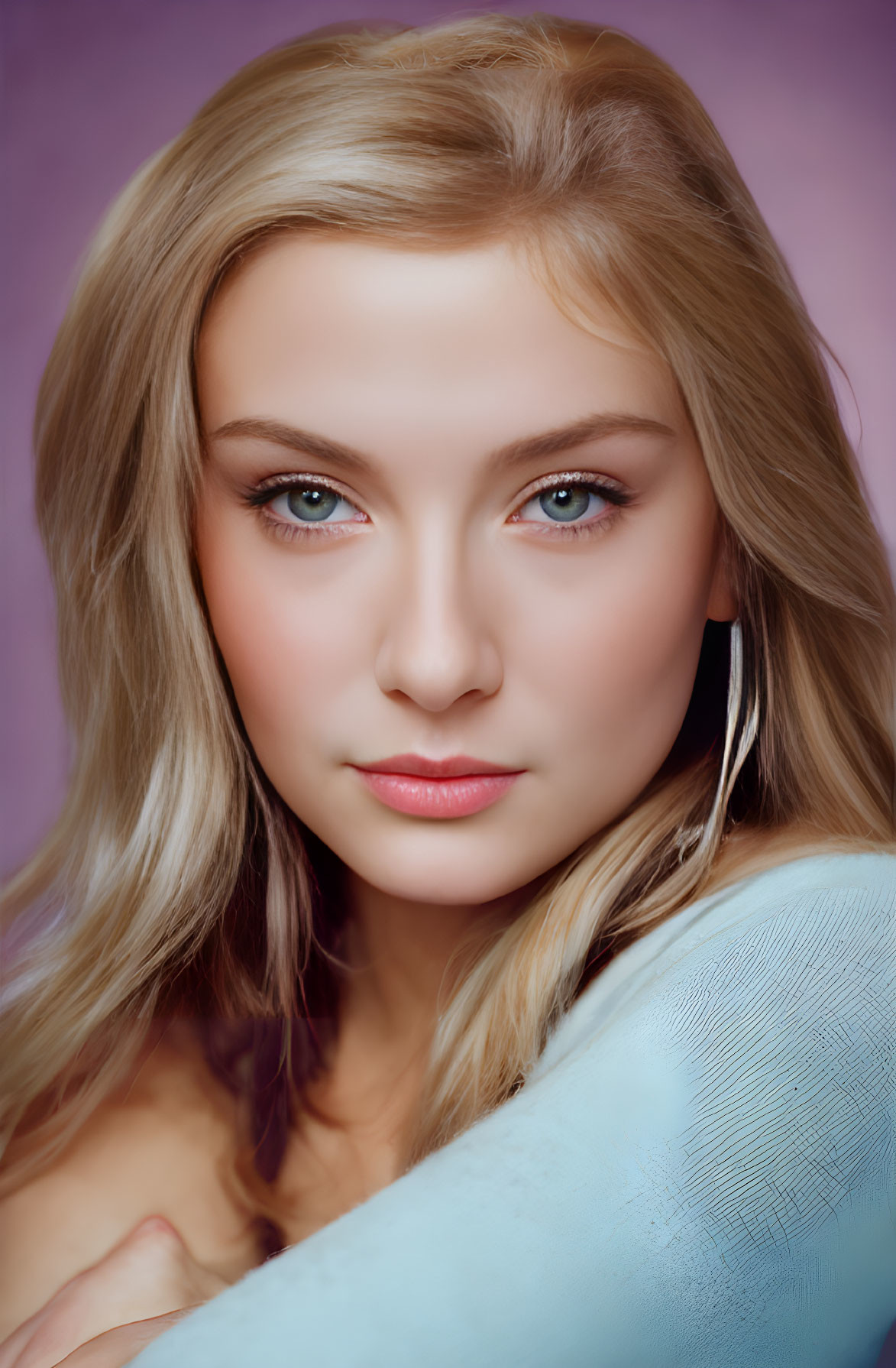 Blonde Woman Portrait with Blue Eyes on Purple Background