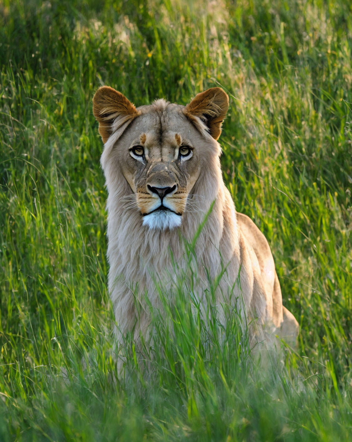 Majestic lion in tall grass gazes calmly at the camera