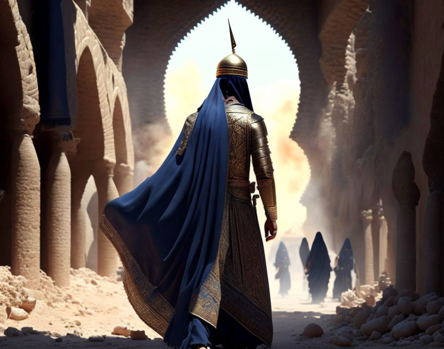 Ornate armored figure in blue cloak in sandy arched corridor facing hooded individuals.