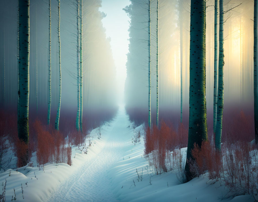 Misty forest scene with snowy path and tall trees