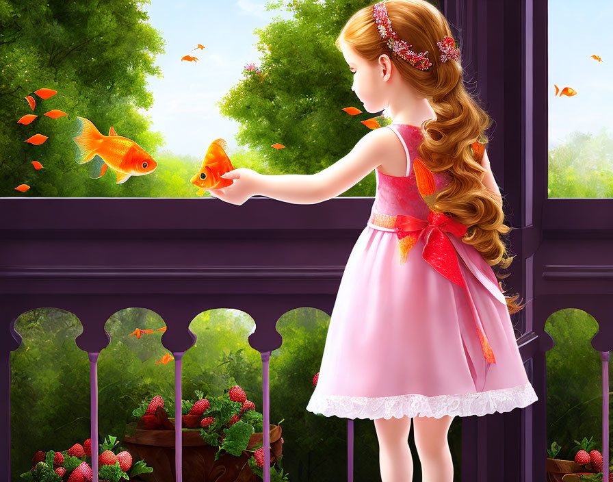 Young girl in pink dress touching goldfish through window in nature scene