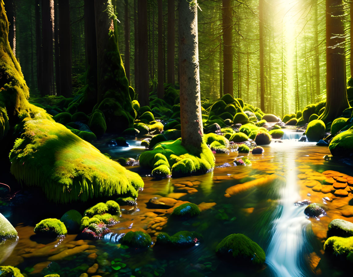 Sunlit Forest Stream with Moss-Covered Rocks