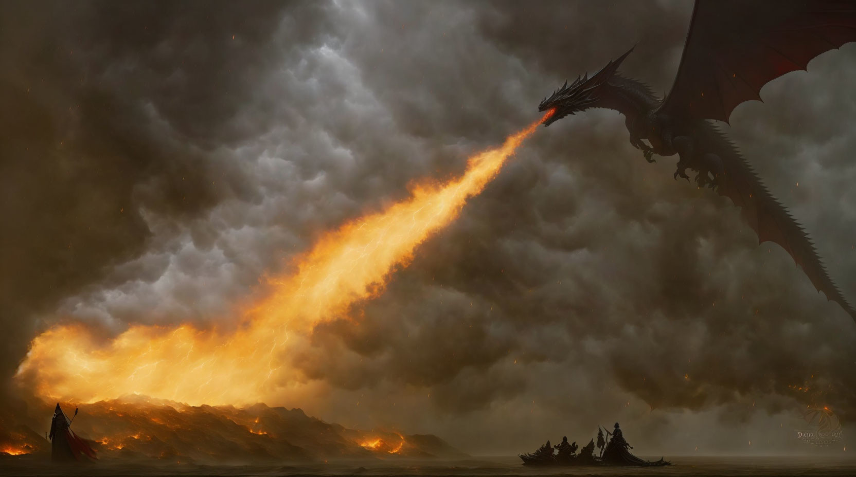 Majestic dragon breathing fire over stormy seas with figures in boat and on land.