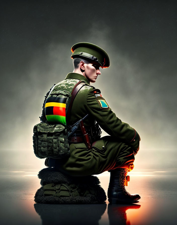 Military soldier in beret crouching with rifle under dramatic backlight