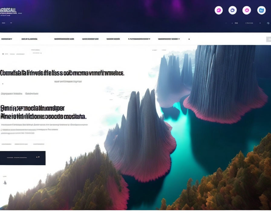Screenshot of surreal floating islands with pink tree-like structures on a website.
