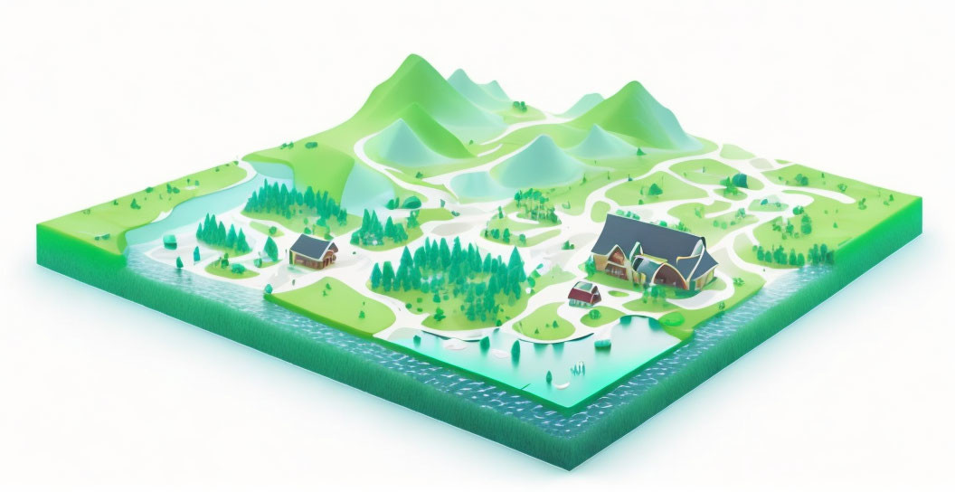 3D illustration of green landscape with mountains, trees, river, and houses